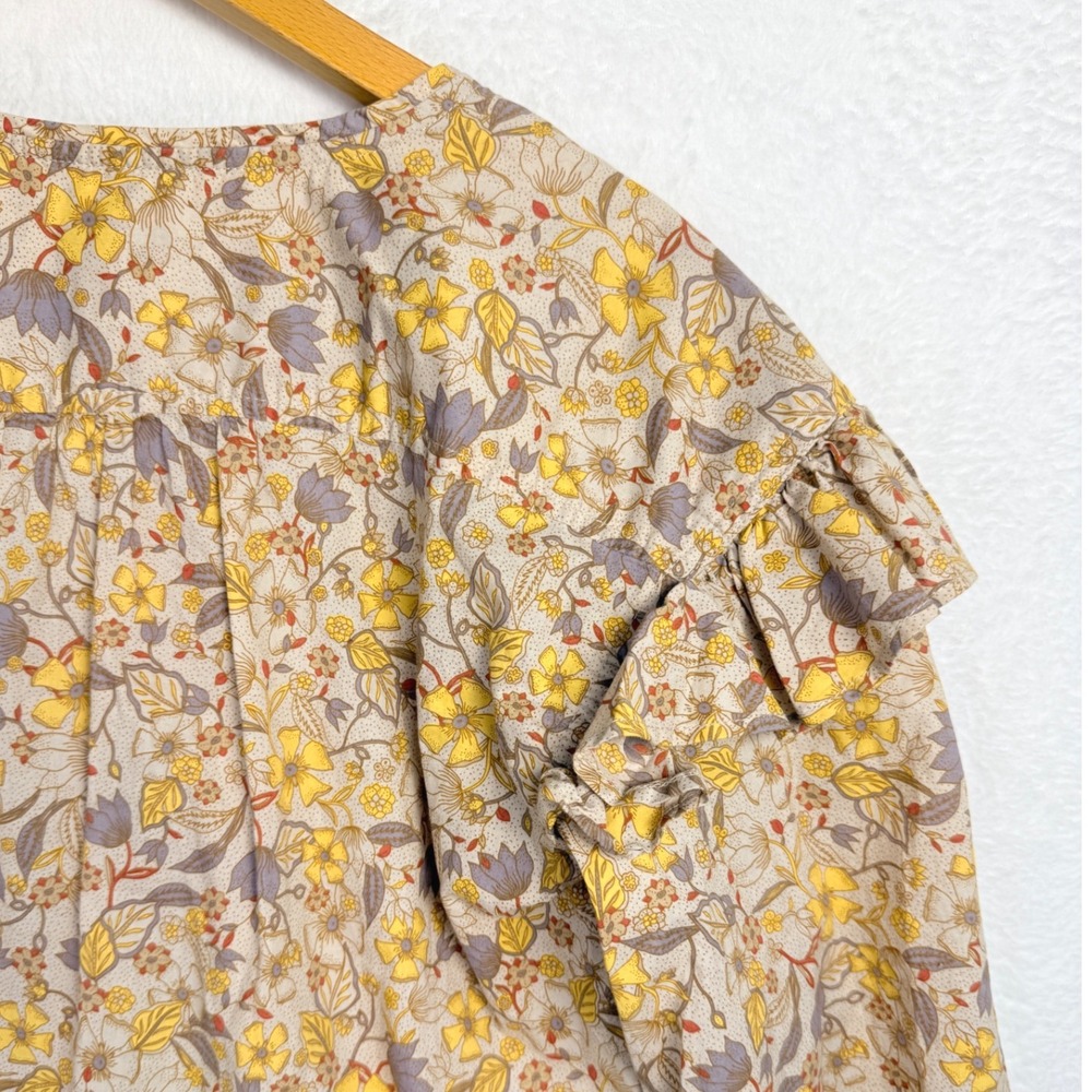 Free Assembly Womens Floral Ruffle V-Neck Blouse Yellow Purple Cotton Small - Picture 6 of 11